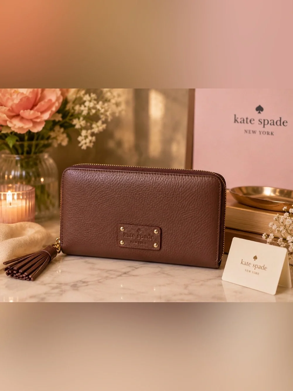 kate spade pebbled Wellesley Neda leather zip-around wallet with tassel